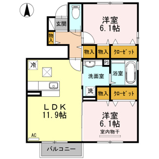 【間取り】 | コンフォールＢ | カウンターキッチンの広々11.9帖のLDKがある、使い勝手の良い２LDKです。