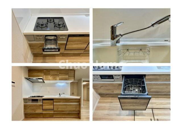 エンゼルハイム南砂のキッチン|【システムキッチン】ワイドで収納豊富な使い勝手の良いカウンターキッチンには、食洗器・伸縮タイプのキッチン水栓、三ツ口コンロ・魚焼きグリルなどの便利な設備が標準完備されています。