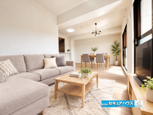 【中古マンション】東海市宝マンション太田川の居間・リビング|【LDKイメージ】
※家具はイメージです。
◆明るく開放感のあるリビングは、ゆったりとくつろげる心地よい空間。大きな窓から光が差し込み、家族で過ごす時間を明るく彩ります。