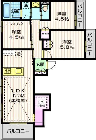Garden　Courtの間取り|リビングに床暖房あり
