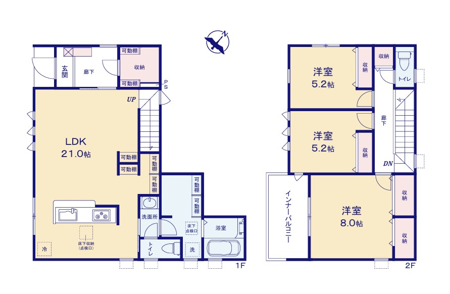 リーブルガーデン  日立市田尻町　6期　2の間取り|　
☆家族の気配が感じられて安心できるリビング階段です。洗面台とトイレがつながり、浴室と洗濯室とは区切られているのが特徴です。来客の際にプライバシーが守られます。