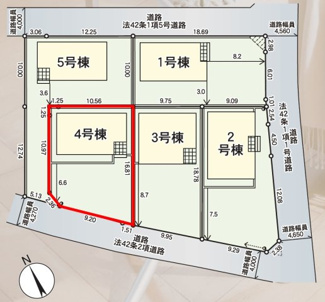 【区画図】 | 芳賀小学校・郡山第四中学校区　GRADLE GAEDEN 郡山市横塚　第１１　全５棟　４号棟 | 【区画図】４号棟　駐車スペース３～４台と広々しています。
