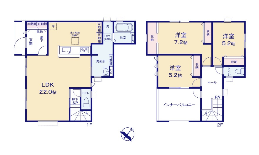 リーブルガーデン  日立市田尻町　6期　3の間取り|　
☆リビング階段は引き戸を閉めれば冷暖房の効率が気になりません。全室明るい二面窓で通風も良好、収納スペース充実です。