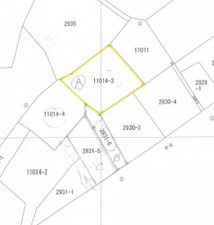 【土地図】 | 山陽小野田市大字小野田 土地（倉庫付・現況渡し・計3筆）／約185坪（地目：宅地、雑種地） | 地番：11014-3、338.36㎡（地目：宅地）、地番：2931-5、180.16㎡（地目：雑種地）、地番2931-6、96㎡（地目：雑種地）、