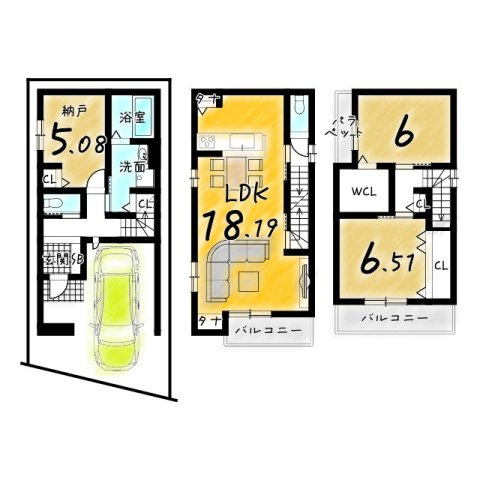 長岡京市調子１丁目の売地の土地図＋建物プラン例