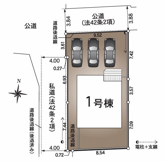 「高知駅北の好立地」クレイドルガーデン高知市比島町第1　新築一戸建ての区画図|お車3台を並列駐車可能！夫婦の車＋来客用もゆったり確保できる、敷地にゆとりある角地の一戸建て
