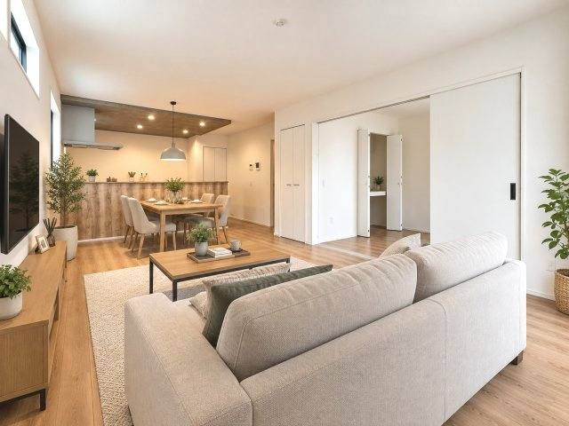【居間・リビング】 | 福岡市西区上山門3丁目7期　1号棟（全1棟）【仲介手数料無料・0円】 | 現地写真。家具・家電等はCGによる配置例です。物件には含まれません
