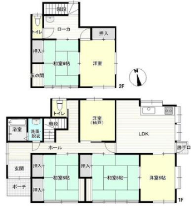 伊東市 玖須美元和田（川奈駅） 2階建 ６ＬＤＫの間取り|6LDKでキッチンが特に広い間取りです。