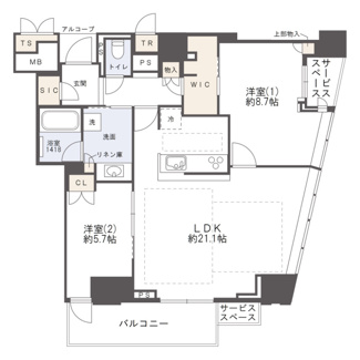 【間取り】 | プラウドタワー北浜 | 【間取り】高層階32階部分・北東角部屋のため、眺望・採光良好◎