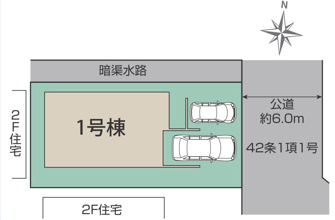 吉川市吉川2丁目　新築戸建の区画図|カースペース並列2台駐車可能（内1台は軽自動車）