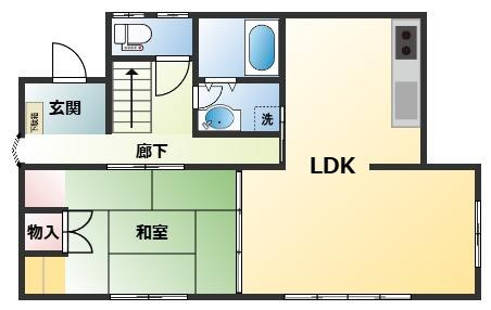 荒尾市一部借家の間取り|1階。広いLDKと和室があります