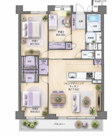 【間取り】 | シーサイドももちヴェルデコート　5番館☆仲介手数料無料☆ | ※本図に表示されている家具・家電・照明・インテリア・観葉植物等は、AIによる配置イメージです。実際には設置されておらず、売買対象にも含まれません。図面と現況が相違する場合は、現況を優先いたします。