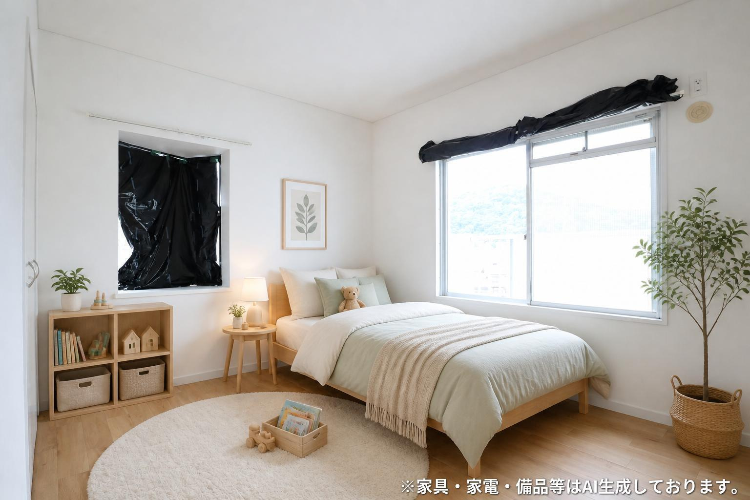 青山マンションの洋室|洋室1　※家具はAI生成しております。実際には付帯しません。配置をお約束するものではございません。