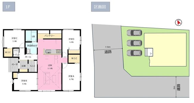 【間取り】 | 【新築分譲住宅　～ LIGARE　リガーレ～　】山形市小白川町5丁目　2期2棟 | (1号棟)、価格4148万円、4LDK、土地面積242.71㎡、建物面積94.51㎡ 