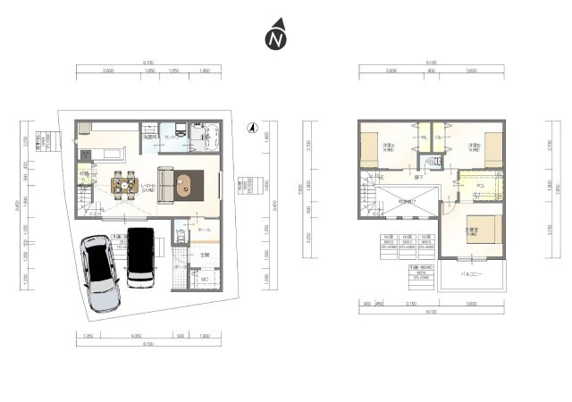 【建築条件付き】門真市一番町 30坪超の土地の参考プラン|2階建て｜3LDKの参考プラン。車2台+自転車スペースも確保できます。参考プランでは21帖超えの広々リビングで、ゆとりを感じる間取りです。