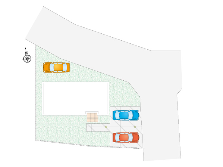 【4号棟：区画図】並列２台と道沿いに１台、合計３台駐車可能です。見透しの良い道路なので駐車しやすいです。