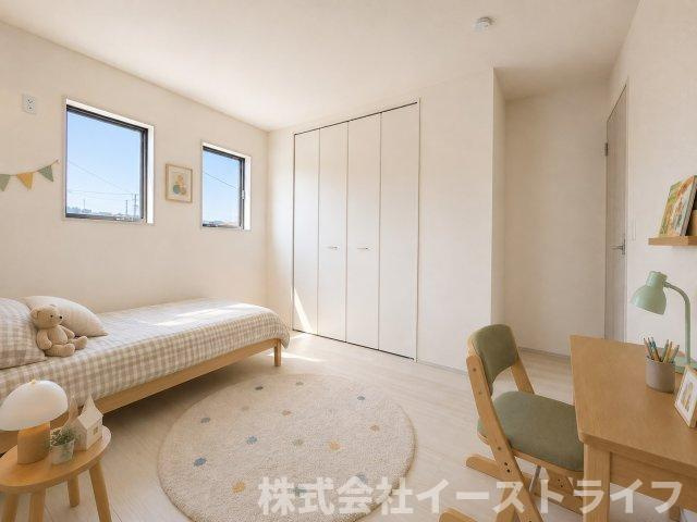 【新築戸建】　いわき市平赤井2期　長期優良住宅　全1棟の子供部屋|子供部屋に家具を配置したイメージ画像です。※本画像はCGで作成しており、実際に現地に 家具は置かれておりません。また、価格に 家具は含まれておりません。