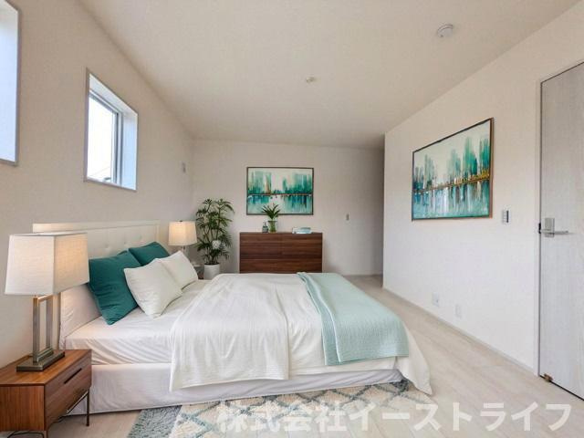 【新築戸建】　いわき市自由ヶ丘4期　長期優良住宅　全2棟の寝室|1号棟の寝室に家具を配置したイメージ画像です。※本画像はCGで作成しており、実際に現地に 家具は置かれておりません。また、価格に 家具は含まれておりません。