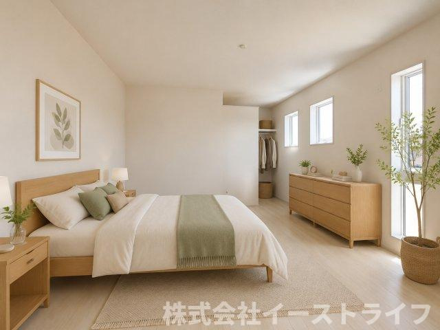 【新築戸建】　いわき市小名浜大原2期　長期優良住宅　の寝室|寝室に家具を配置したイメージ画像です。※本画像はCGで作成しており、実際に現地に 家具は置かれておりません。また、価格に 家具は含まれておりません。