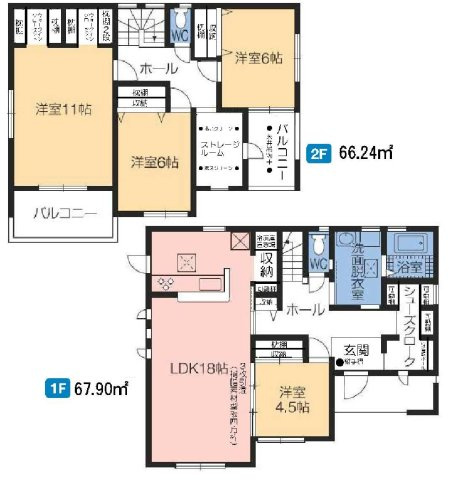 新築　前橋市富士見町時沢第５　4号棟の間取り|建物面積134.14㎡　広々18帖のLDK・全居室南向き♪シューズインクローク・ウォークインクローゼット・納戸・各部屋収納付き！インナーバルコニーなので急な雨でもお洗濯物も安心です。