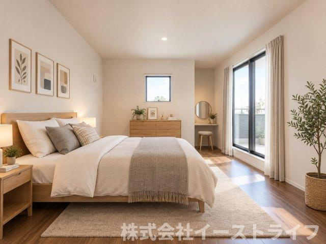 【新築戸建】　(予約あり)　　いわき市久之浜町第4　長期優良住宅の寝室|2号棟の寝室に家具を配置したイメージ画像です。※本画像はCGで作成しており、実際に現地に 家具は置かれておりません。また、価格に家具は含まれておりません。