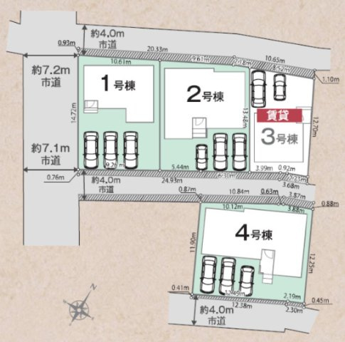 新築戸建　高崎市下小鳥町01期の区画図|建物左側・奥側が道路に面した開放的な角地！複数台の駐車スペースも確保できるゆとりある区画です