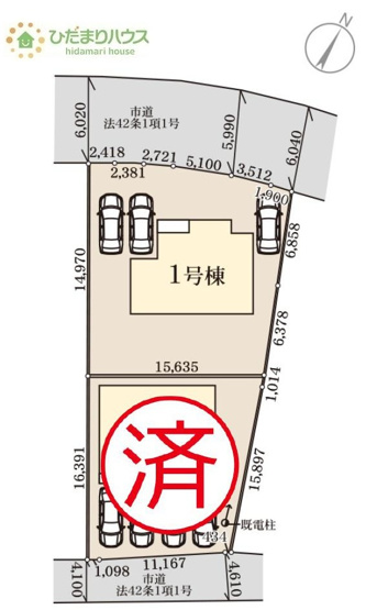 【区画図】 | 第1常総市中妻町　新築戸建　1号棟 | 時間がない時もらくらくと車の出し入れができる並列駐車場を完備！！
（1号棟）