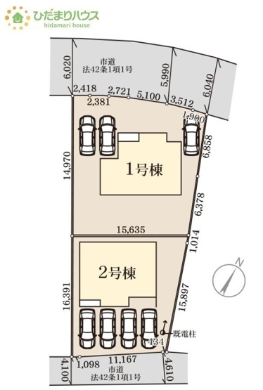 【区画図】 | 第1常総市中妻町　新築戸建　2号棟 | 時間がない時もらくらくと車の出し入れができる並列駐車場を完備！！
（2号棟）