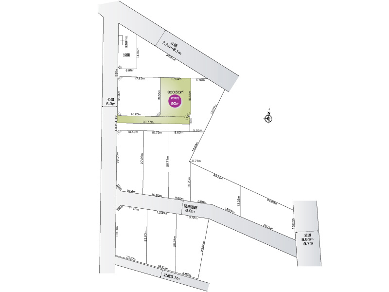 上岩瀬（全12区画）3号棟  区画図：敷地面積300.50㎡（90.90坪） 車3台以上可能です
