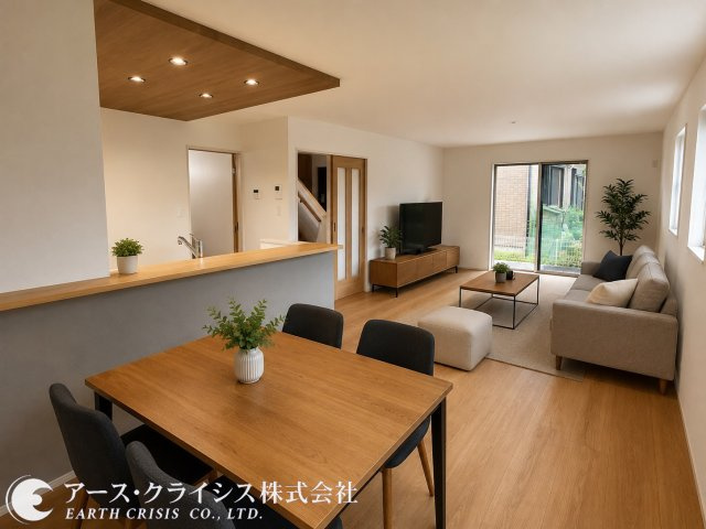 【居間・リビング】 | 野田市第1桜台　全2棟 | ※家具はCGイメージ画像です。ご家族みんながゆったりくつろげる広々リビングは自然光とたっぷり取り入れることができる団欒のひと時を明るく演出する南向きの大きな窓があるリビングダイニングが魅力的です。