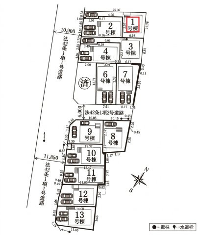 清瀬市中里6丁目・全13棟　新築一戸建　1号棟の区画図|【全13棟・1号棟】
駐車1台可能です。