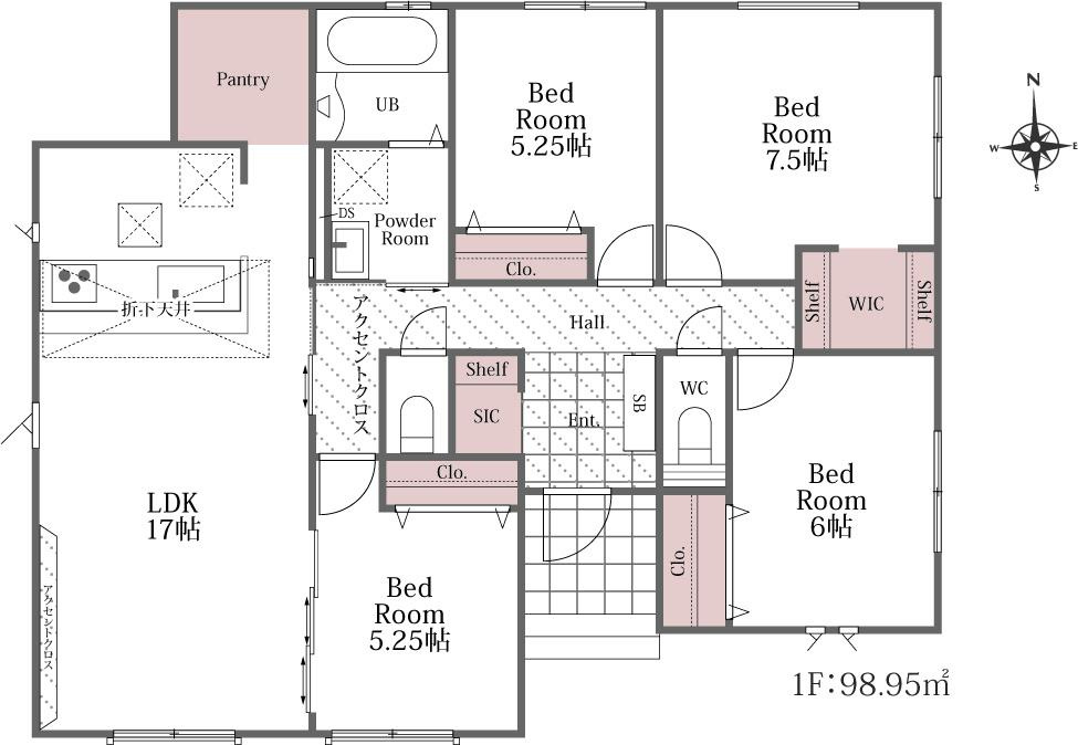 瀬戸西町1丁目　新築戸建　の間取り|4LDK+パントリー+WIC+SC　建物面積　98.95㎡（約29.93坪）
1階　98.95㎡　