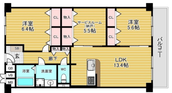 日商岩井野江マンションの間取り|◆2LDK+S、価格3199万円、専有面積71.68㎡、バルコニー面積7.68㎡、約5.5帖のサービスルームはテレワークスペースや趣味部屋としても活躍♪