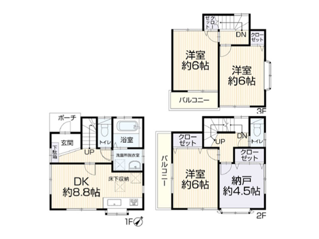 【間取り】 | ふじみ野市西鶴ケ岡2丁目　中古一戸建住宅　(ふじみ野店) | 全居室6帖以上の広さを確保したゆとりある設計！収納便利な4.5帖の納戸も備わります。※図面を基に作成しています。現況と異なる場合は現況を優先いたします。