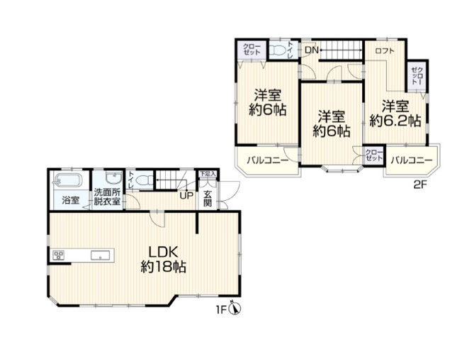 【間取り】 | 川越市木野目　中古一戸建住宅　(ふじみ野店) | 全居室6帖以上のゆとりある間取り設計が魅力的。収納便利なロフトも設置されています。※図面を基に作成しています。現況と異なる場合は現況を優先いたします。