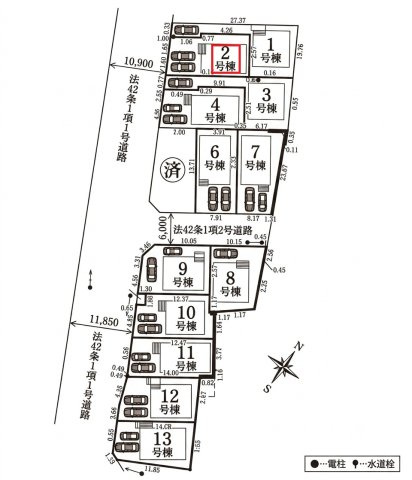 清瀬市中里6丁目・全13棟　新築一戸建　2号棟の区画図|【全13棟・2号棟】
並列駐車2台可能です。