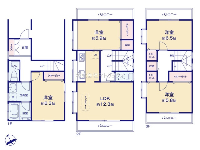 板橋区三園1丁目　新規リフォーム戸建　建物32坪ゆとりの邸の間取り|4LDK+ビルトイン車庫　敷地面積 65.40ｍ2　建物面積 107.46ｍ2