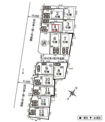 清瀬市中里6丁目・全13棟　新築一戸建　4号棟の区画図|【全13棟・4号棟】
並列駐車2台可能です。(車種制限あり)