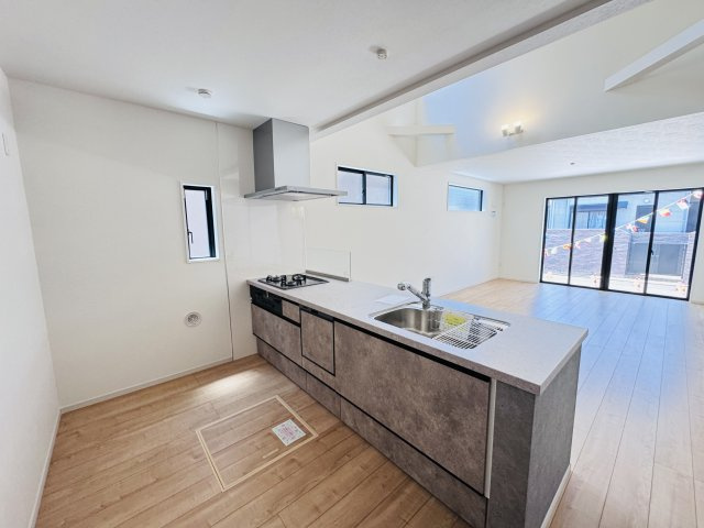 流山市江戸川台西４丁目新築戸建（江戸川台西12期）のキッチン|お手入れしやすいレンジフード・シンクの水栓には浄水器がついてます！