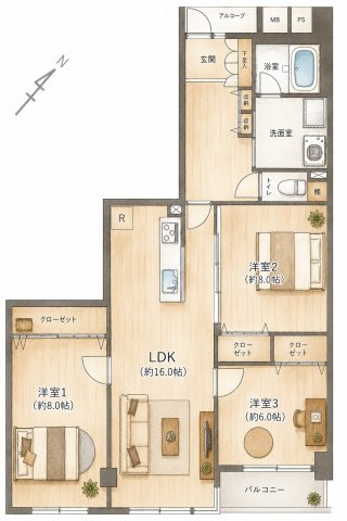 新山下ベイシティ第６号棟の間取り|3LDK、価格5899万円、専有面積92.82m2、バルコニー面積3.86m2 【LDK　16.0帖】 【洋室　8.0帖・8.0帖・6.0帖】