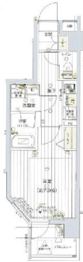 ヴァレッシア蒲田シティの間取り|西向きバルコニー北西角部屋2面採光！
洋室7帖バストイレ別独立洗面台付