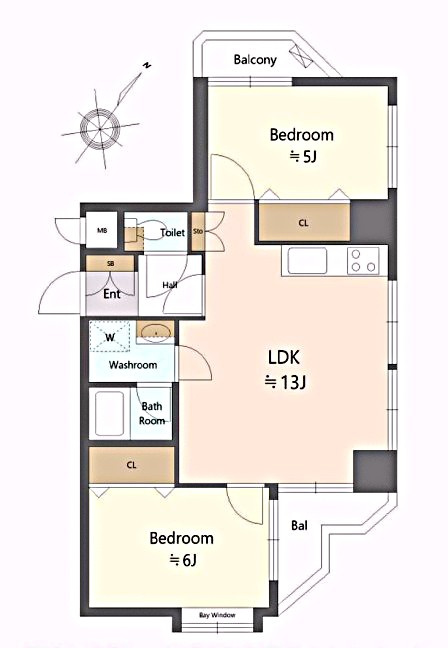 サンライズ大山マンションの間取り|2LDK　専有面積：51.67㎡　バルコニー面積：4.97㎡(2面合計)