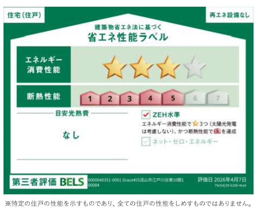 流山市江戸川台東４丁目新築戸建【江戸川台小学校:8分】の省エネ性能ラベル|省エネ性能ラベル・ZEH水準