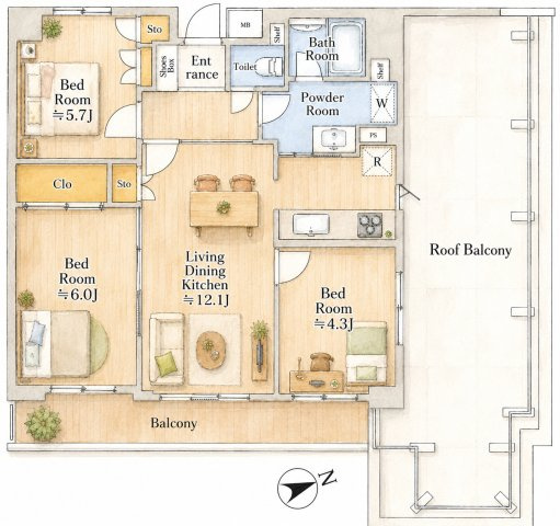磯子北パーク・ホームズの間取り|3LDK、価格2950万円、専有面積64.83m2、バルコニー面積10.02m2、ルーフバルコニー面積24.44㎡ 【LDK　12.1帖】 【洋室　6.0帖・5.7帖・4.3帖】