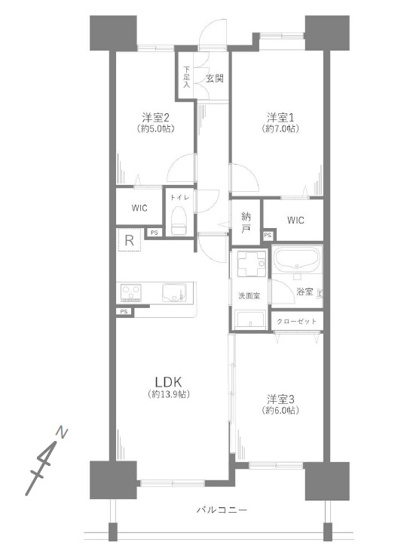 【間取り】 | グランシエロ朝霞台シエナの丘　(志木本店) | 南東向きの3LDK。
WIC2ヶ所や納戸など豊富な収納でお部屋を広くお使いいただけます。