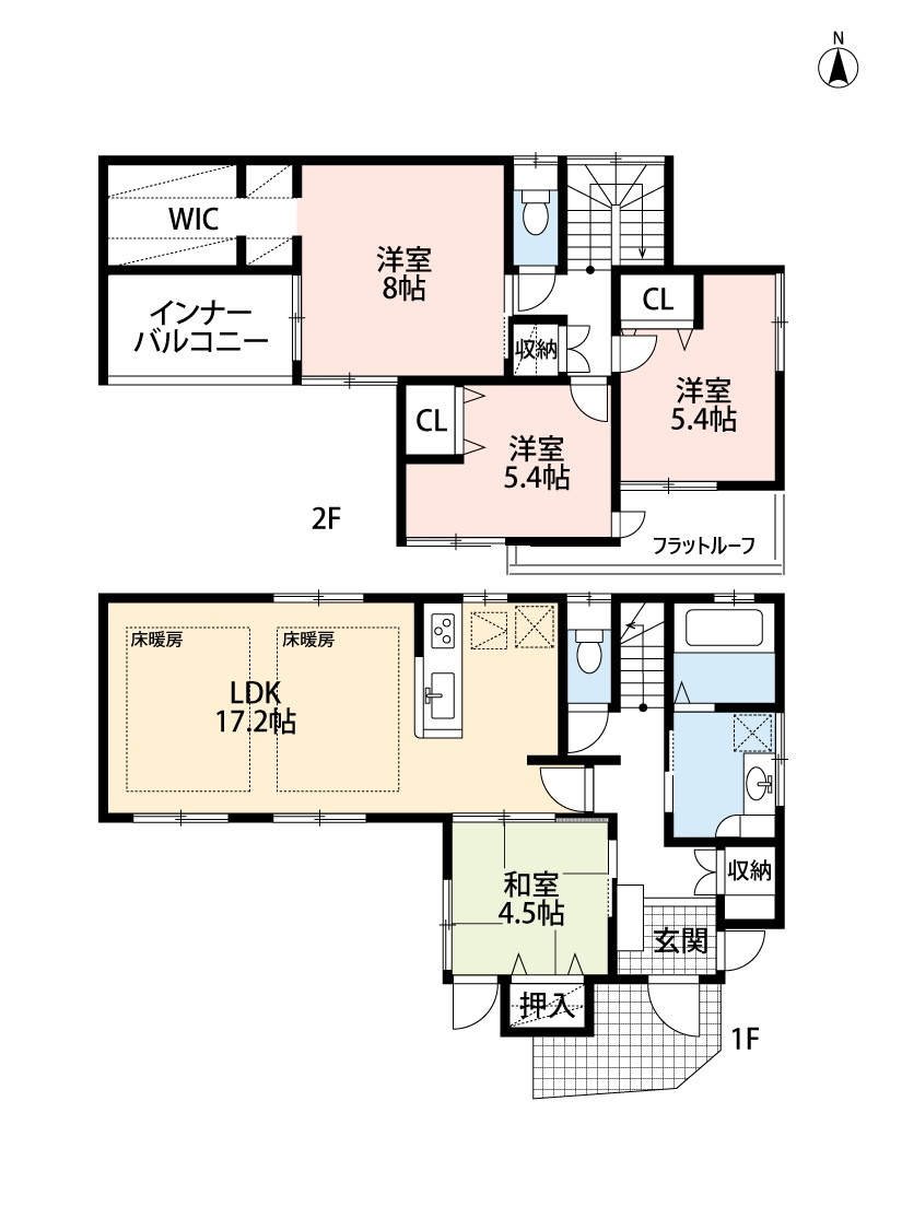 小牧市元町1丁目　中古戸建の間取り|リビングに床暖房あり。
全居室南向き。ウォークインクローゼットあり。