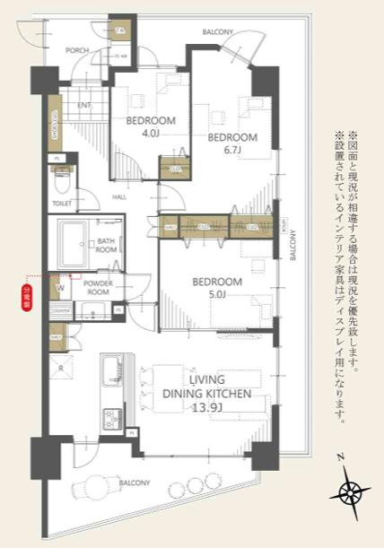 ビッグヴァン京王堀之内参番館の間取り|～南向き3LDK　南・東・北の三方角住戸につき陽当たり・風通しも良好です～