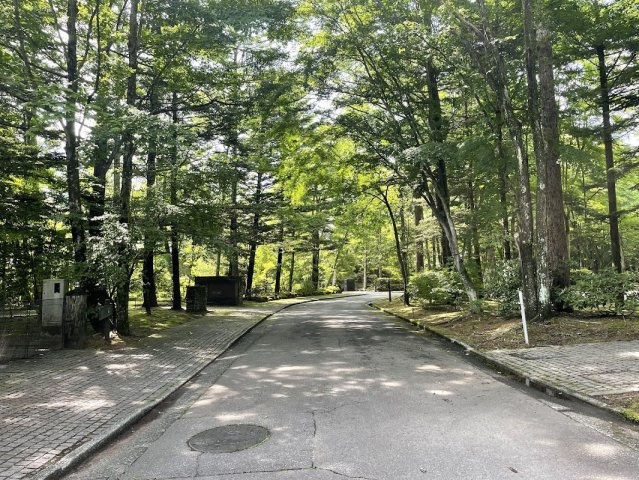 新軽井沢  矢ヶ崎別荘地  上品なたたずまいの邸宅の前面道路含む現地写真