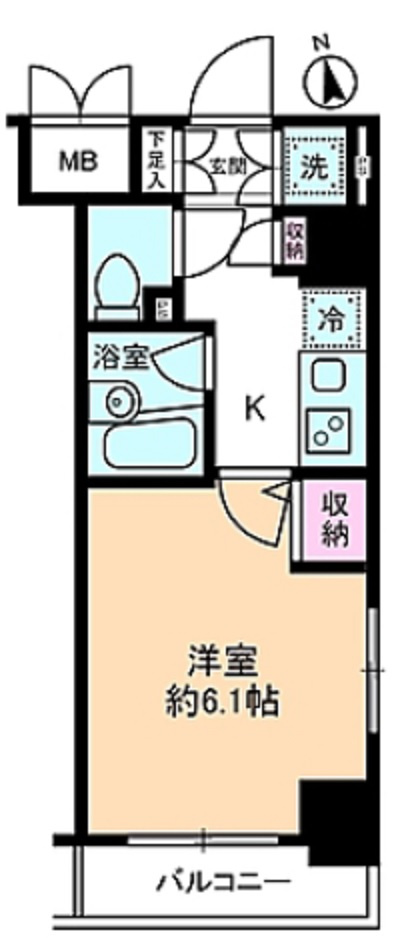 グラントゥルース大森の間取り|南向きバルコニ―南東角部屋の1K洋室6.1帖バストイレ別
