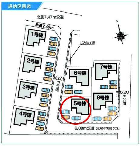 第５富士見町時沢　新築戸建　５号棟の区画図|駐車場３台ご用意しています！並列駐車＆前面道路も６Ⅿあり出し入れもしやすいです。
来客時も重宝します♪